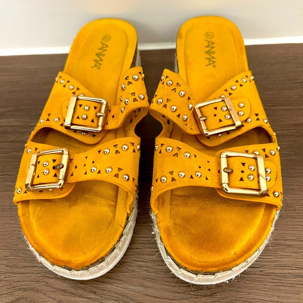 Anna Birkenstock look a like Mustard Yellow Studded Gold Buckle Women’s Sandals